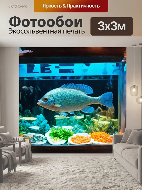 Фотообои в центре внимания – яркая, экзотическая рыбка с переливающейся чешуей, плавающая в аквариуме рыбного магазина