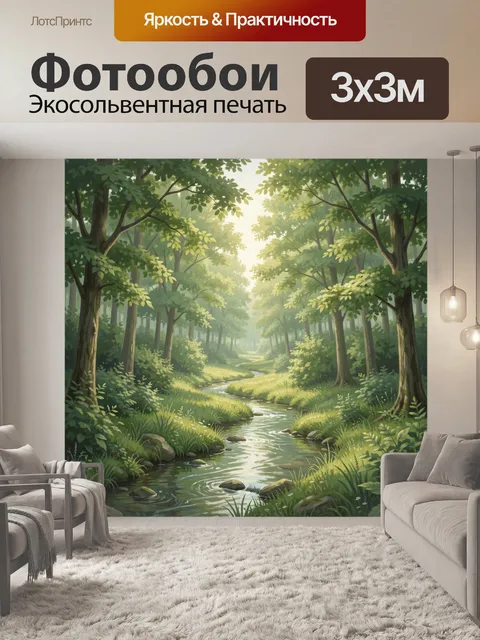 Фотообои Лесной ручей под зелёными кронами