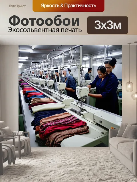 Фотообои интенсивный процесс пошива одежды на фоне фабричных машин