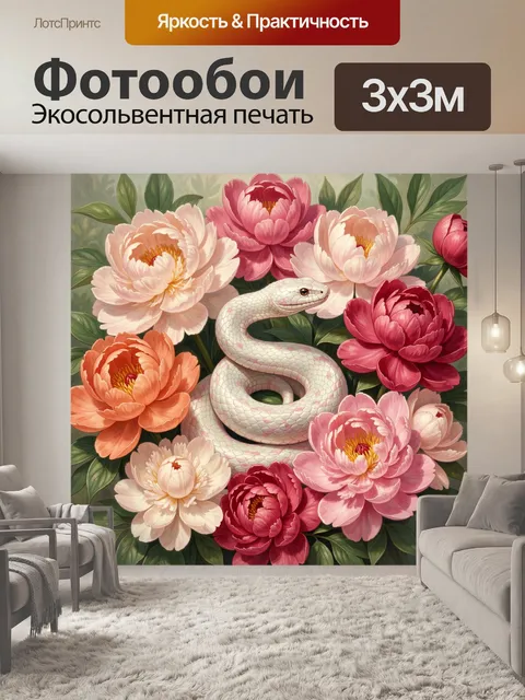 Фотообои Белая змея среди пионов
