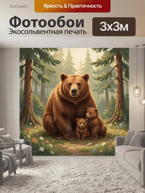Фотообои Медведица с медвежатами в лесу