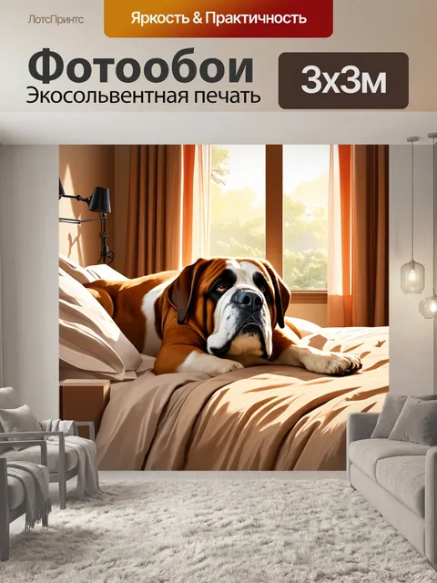 Фотообои сен-бернар, проснувшийся на утреннем солнце в опочивальне, чье тело сверкает от солнечных лучей, а окна…