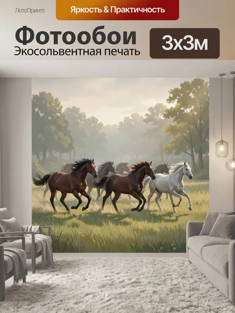 Фотообои Бегущие лошади в туманном лесу