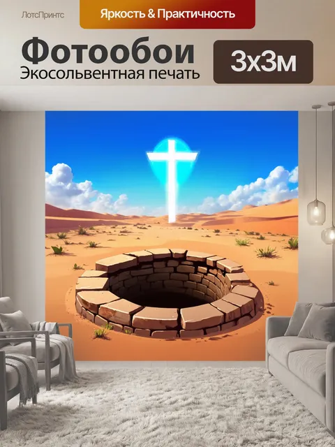 Фотообои на фоне пустыни, где небо сливается с землёй, изображён символ атеизма в виде древнего колодца