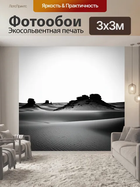 Фотообои черно-белый: пейзаж с редкими скалами, выступающими из песка пустыни
