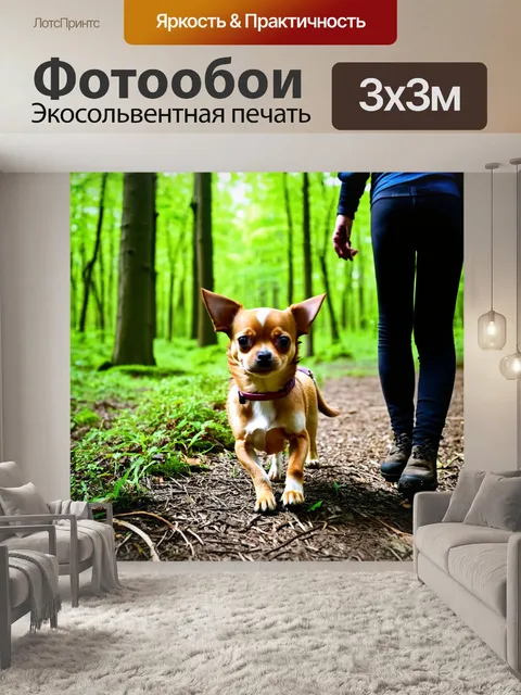 Фотообои чихуахуа, гуляющий по лесу с хозяином, окруженный зелеными деревьями