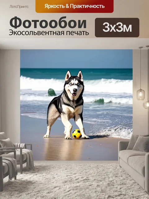 Фотообои хаски, играющий с мячом на пляже, волны накатываются на берег, радостный момент