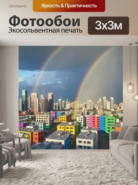 Фотообои город в стиле флэт, изображающий городской пейзаж с ярким радугой над современными зданиями