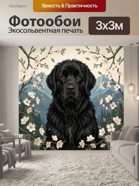 Фотообои Чёрный пёс среди цветущих ветвей