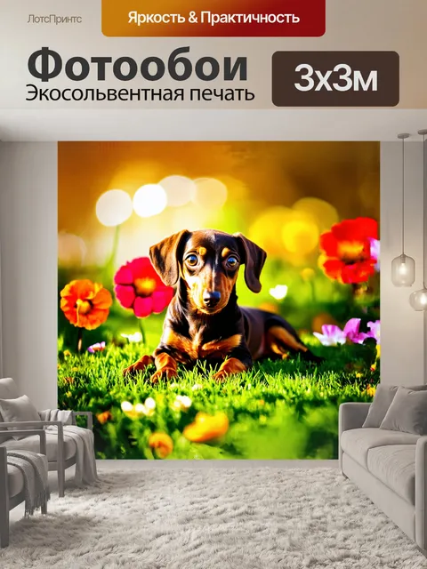 Фотообои такса, щенок, лежащий на зеленом лугу, обрамленном яркими цветами