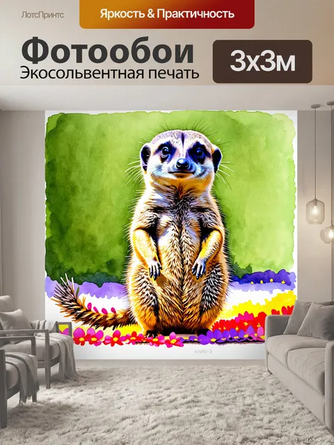 Фотообои сурикат, стоящий на задних лапах и выглядывающий из-за коврика, покрытого цветами в зоопарке