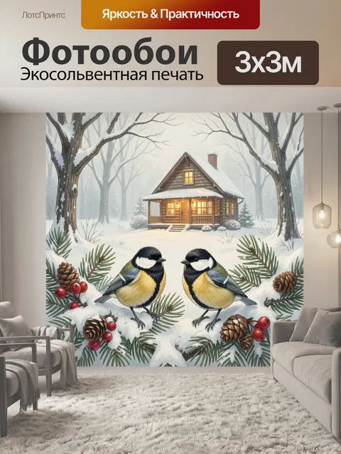 Фотообои Зимний домик и синицы