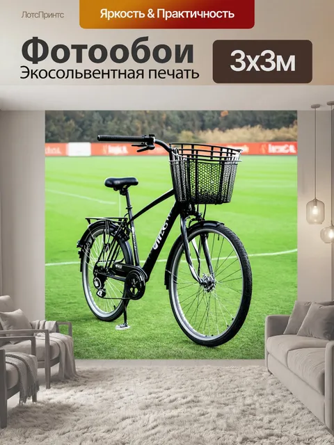Фотообои велосипед, с установленной на нем спортивной корзиной, на фоне спортивной площадки