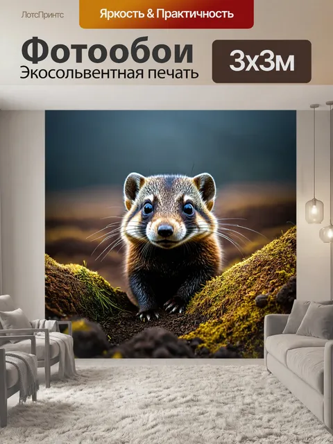 Фотообои животные в стиле нуар, норка, выглядывающая из своей норы на фоне холодного и мрачного пейзажа