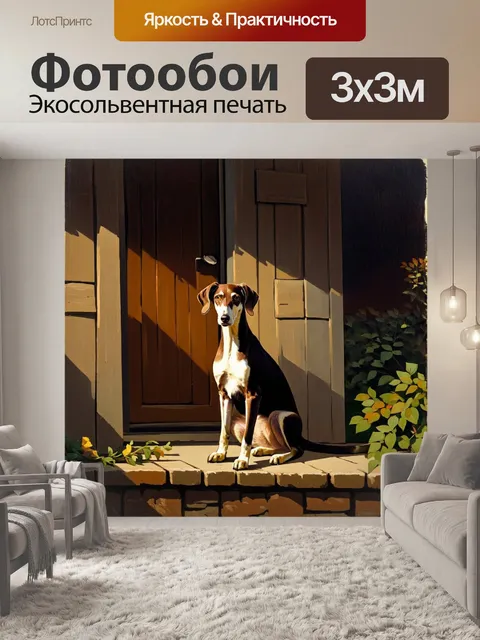 Фотообои в тихой деревне, где вечерние огни создают уютную атмосферу, гибридный салюки сидит на крыльце старого дома