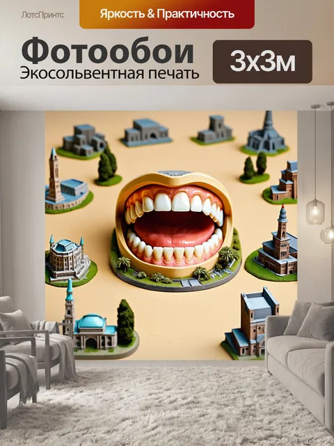 Фотообои улыбающиеся зубы, окружённые миниатюрными макетами великих исторических достопримечательностей, стиль…