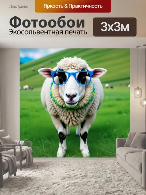 Фотообои милая овечка в цветных очках, пасущаяся на лужайке