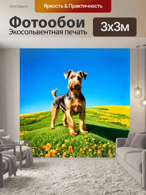 Фотообои эрдельтерьер, гордо стоящий на вершине зеленого холма, на фоне ярко-синего неба, где свет солнца играет на…