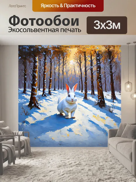 Фотообои белый кролик, идущий по заснеженному лесу, в технике гласированной живописи с тонкими слоями прозрачной краски