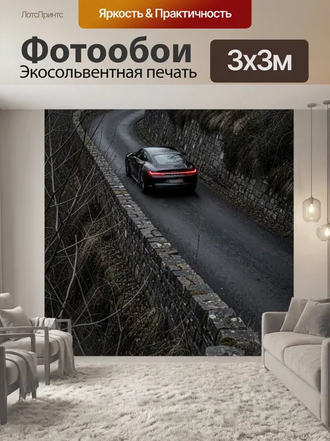 Фотообои Черный спорткар на узкой дороге