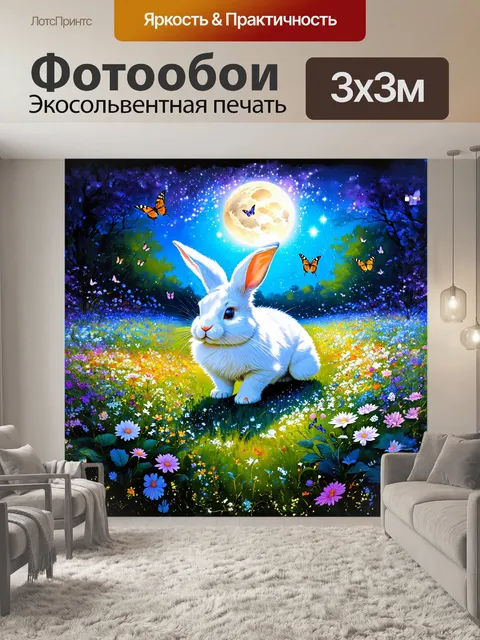 Фотообои в центре картины — огромный белый кролик с блестящими глазами, спешащий сквозь густые цветущие поля