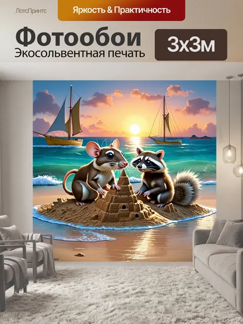 Фотообои крыса и енот строят замок из песка на океанском берегу, окруженные закатом и далекими парусниками