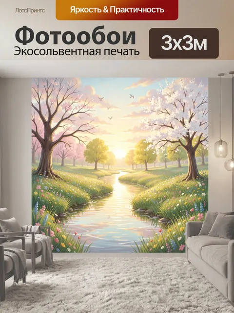 Фотообои Весенний сад с ручьем на рассвете