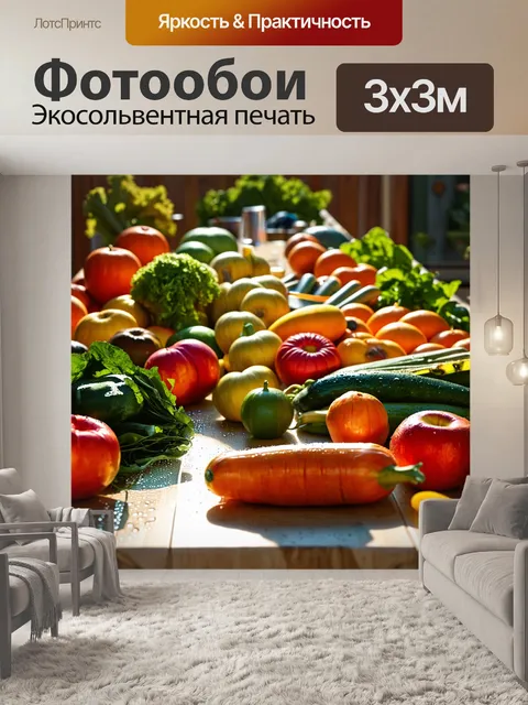 Фотообои в стиле гиперреализм: изображение обильных овощей и фруктов на длинном столе