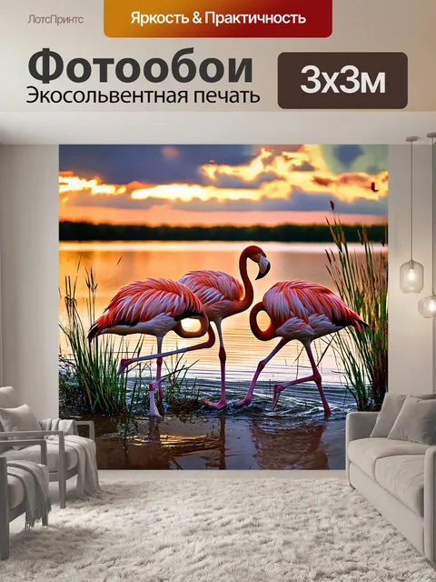 Фотообои в ярком закатном свете величественные розовые фламинго грациозно очищают свои перья на берегу живописного…