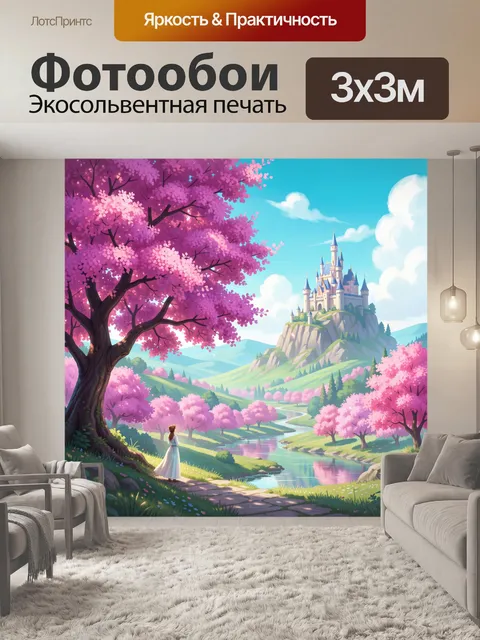Фотообои Сказочный замок среди цветущих деревьев