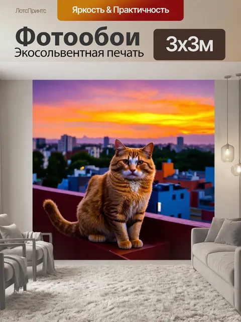 Фотообои с котом, который наблюдает за закатом с крыши дома, с яркими оттенками оранжевого и фиолетового на небе