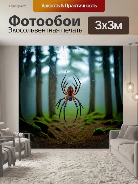 Фотообои в дождливом лесу паук закрывает насекомых прочной паутиной