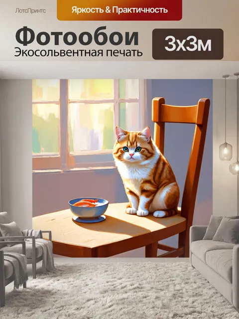 Фотообои кошка, сидящая на стуле, с боку её особенный ужин: миска с рыбой и молоком