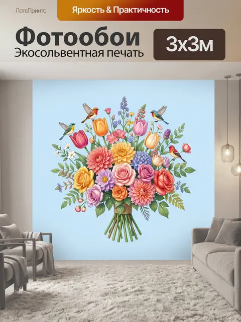 Фотообои Букет садовых цветов и птицы