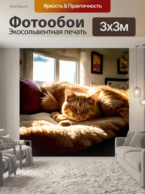 Фотообои рыжий кот, уютно свернувшийся клубком на мягком пледе, за окошком светит зимнее солнце, создавая золотистые…