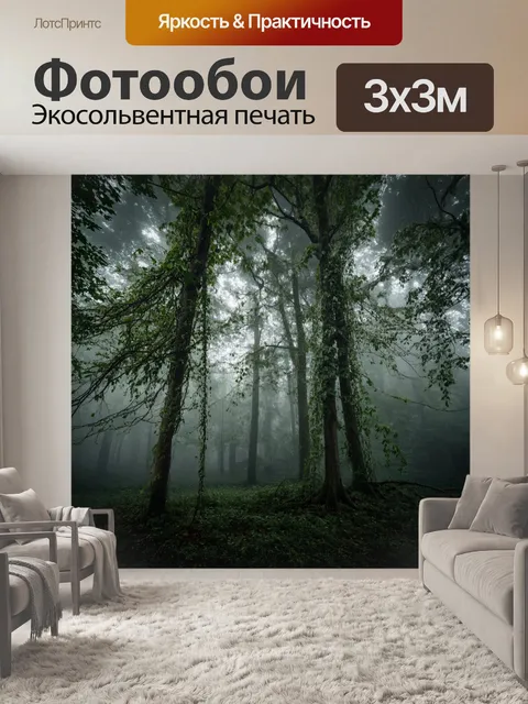 Фотообои с лесом, покрытым густым туманом, с высокими деревьями, обвитыми лозами, и загадочными тенями, проходящий…