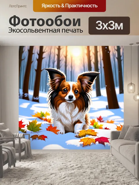 Фотообои папильон в зимнем лесу, играющий с пёстрыми листьями, среди снежных сугробов
