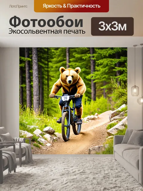 Фотообои мишка на горном велосипеде, преодолевающий препятствия