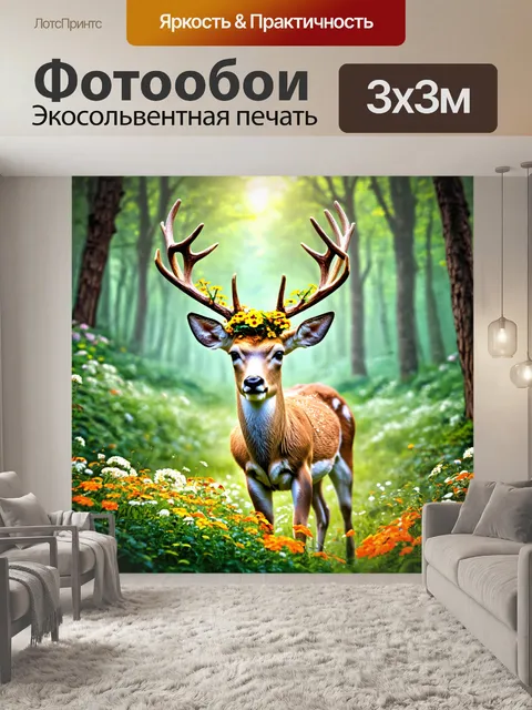 Фотообои сказочный олень с рогами, покрытыми цветами, в волшебном лесу