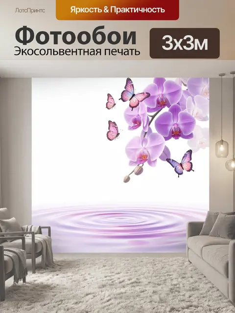 Фотообои Орхидеи и бабочки на белом фоне