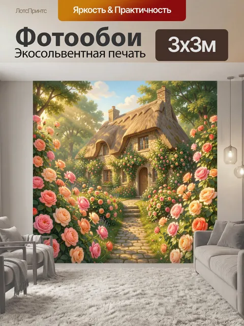 Фотообои Сказочный дом в цветущем саду