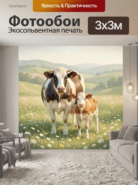 Фотообои Корова и теленок на лугу