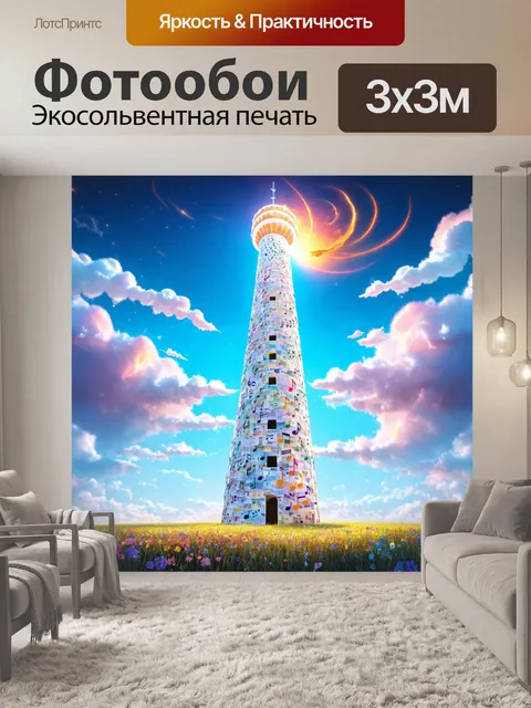 Фотообои башня, построенная из нот, которая уходит в облака, окруженная чудесным пейзажем и яркими цветами