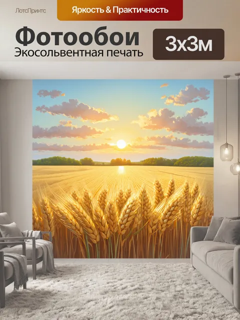 Фотообои пшеничные поля, сменяющиеся растением, создают вид на восходящее солнце