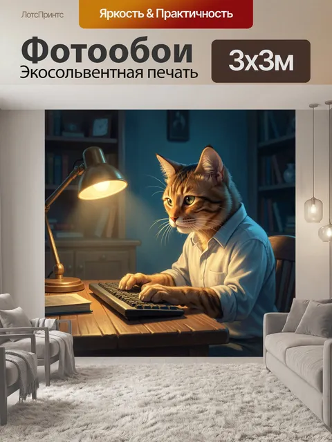Фотообои Кот за рабочим столом вечером