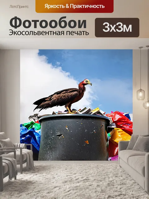 Фотообои гриф, гордо сидящий на высоком металлическом мусорном контейнере, окружен обрывками ярких пластиковых…