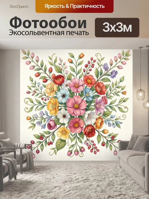 Фотообои Цветочный венок с ягодами и листьями