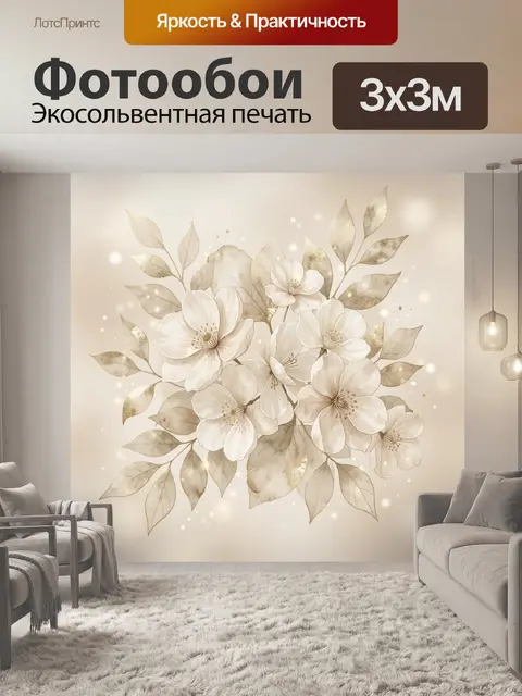 Фотообои Нежные цветы с золотыми листьями