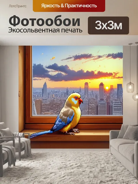 Фотообои изобразите кореллу, сидящую на подоконнике с видом на городской пейзаж, где красивые закаты окрашивают небо