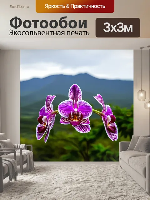 Фотообои орхидея с далеким горным пейзажем в фоне
